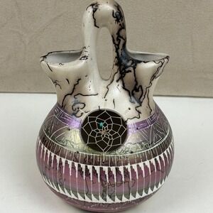 Authentic Navajo Horsehair Pottery Wedding Vase Signed Carmen Smith Dreamcatcher